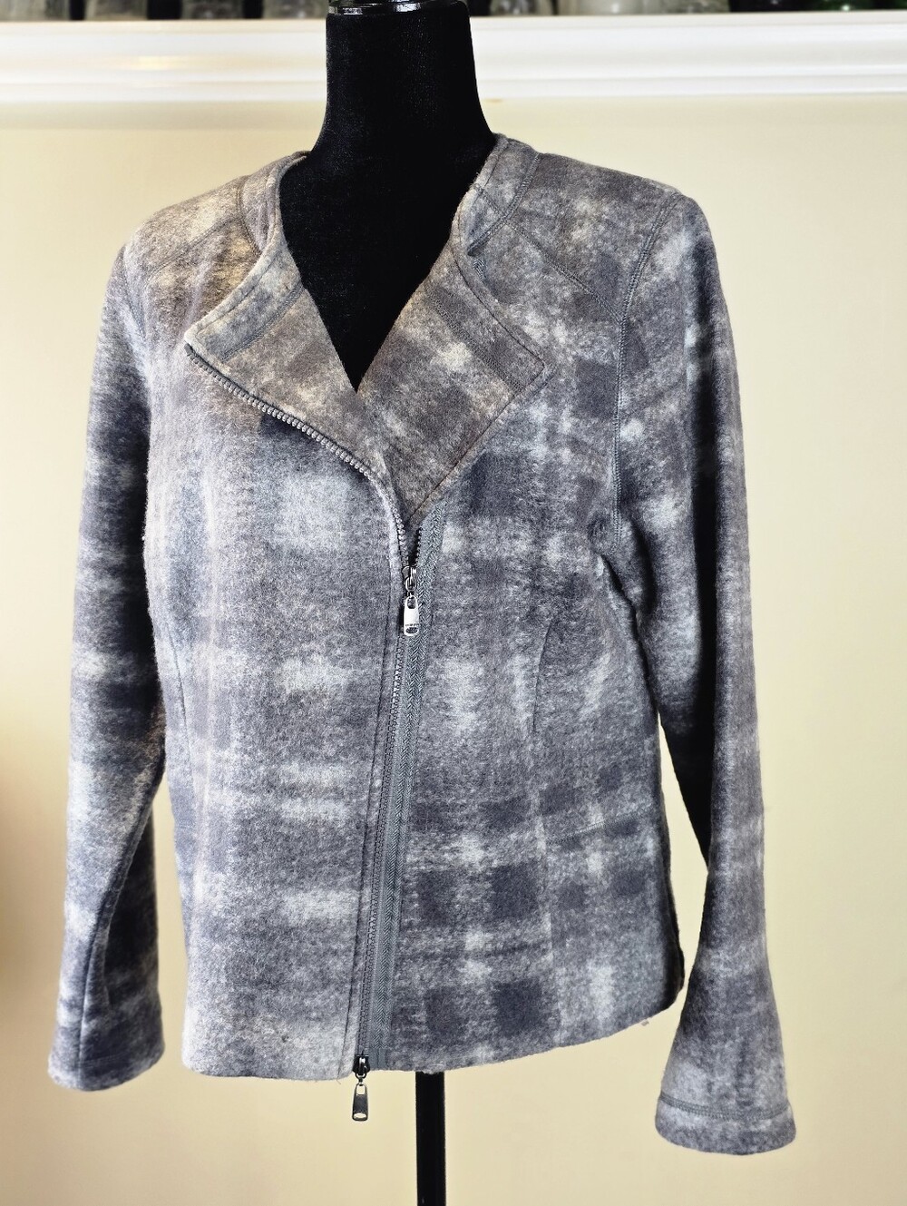 Sz 12 Olsen Gray Plaid Wool Blend Asymmetrical Zip Moto Jacket Coat Women’s